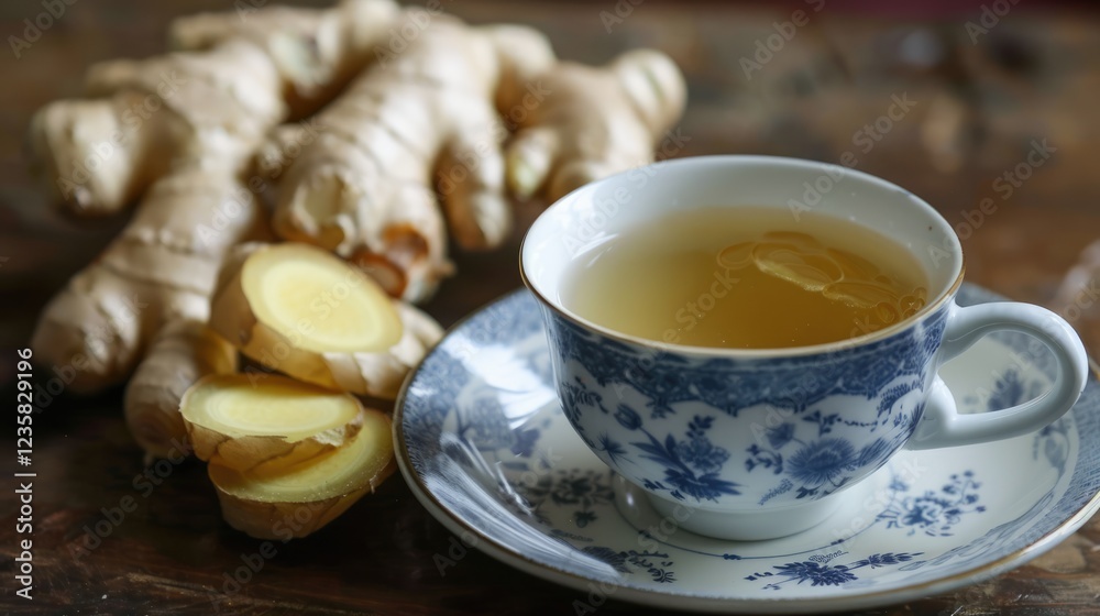 A cup of lemon-ginger tea with slices of fresh lemon and ginger root on a wooden background. The concept of a healthy and natural drink. A cup of lemon-ginger tea with slices of fresh lemon and ginger root on a wooden background. The concept of a healthy and natural drink.