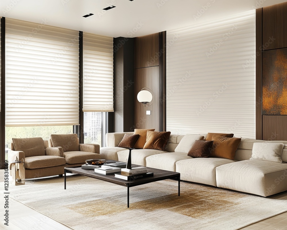Fototapeta premium Modern living room, neutral tones, stylish comfort.