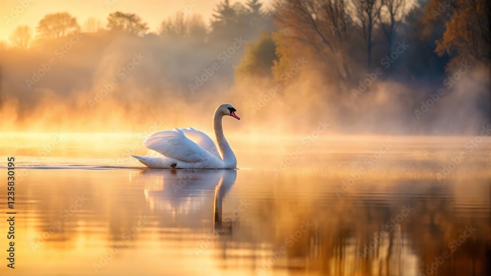 Fototapeta premium Mute swan gliding across misty lake at dawn, lake, bird, lake, bird,beauty, fluid motion, serene, wildlife