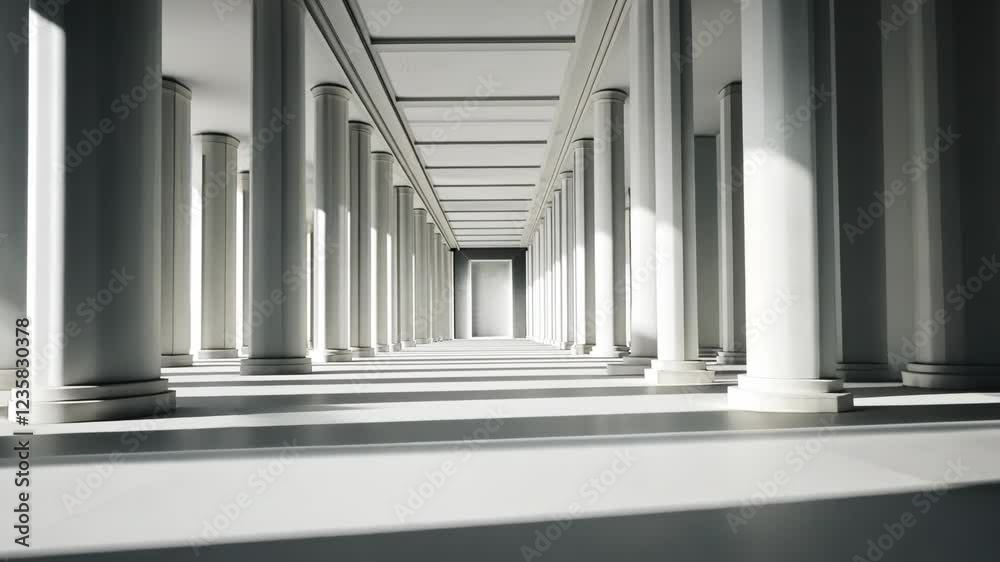 Elegant corridor featuring tall columns and dramatic light effects in a modern architectural space