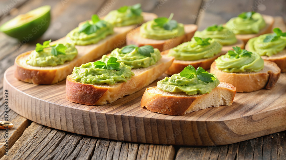Avocado bruschetta on rustic wooden serving board Avocado bruschetta on rustic wooden serving board