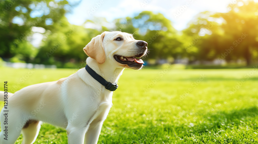 A cheerful Labrador retriever enjoying a sunny day in a green park, radiating happiness and vitality. A cheerful Labrador retriever enjoying a sunny day in a green park, radiating happiness and vitality.