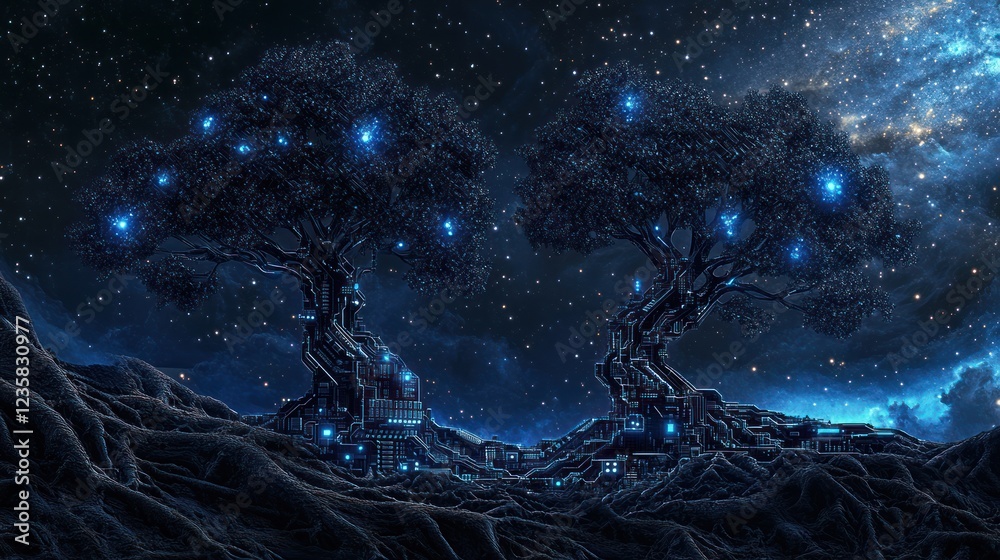 Futuristic trees glowing at night, starry sky, fantasy landscape, digital art Futuristic trees glowing at night, starry sky, fantasy landscape, digital art