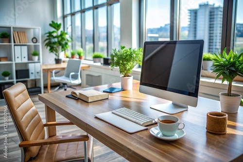 Wallpaper Mural The office of a Modern workspace with desktop computer, notebooks, and coffee cup in daylights Torontodigital.ca