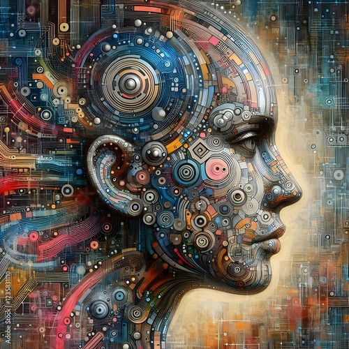 A surreal portrait where traditional acrylic painting blends into an abstract digital collage filled with circuit-like patterns