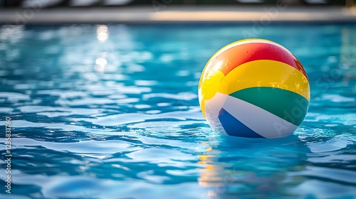 rainbow striped beach ball in pool water