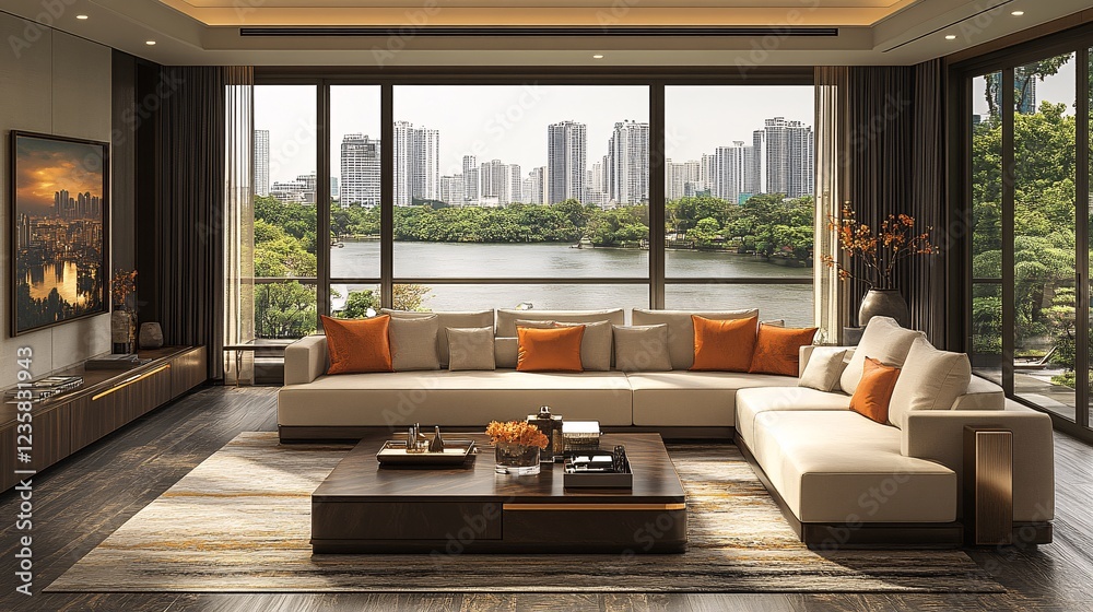 Fototapeta premium Contemporary Minimalist Living Room with Scenic View