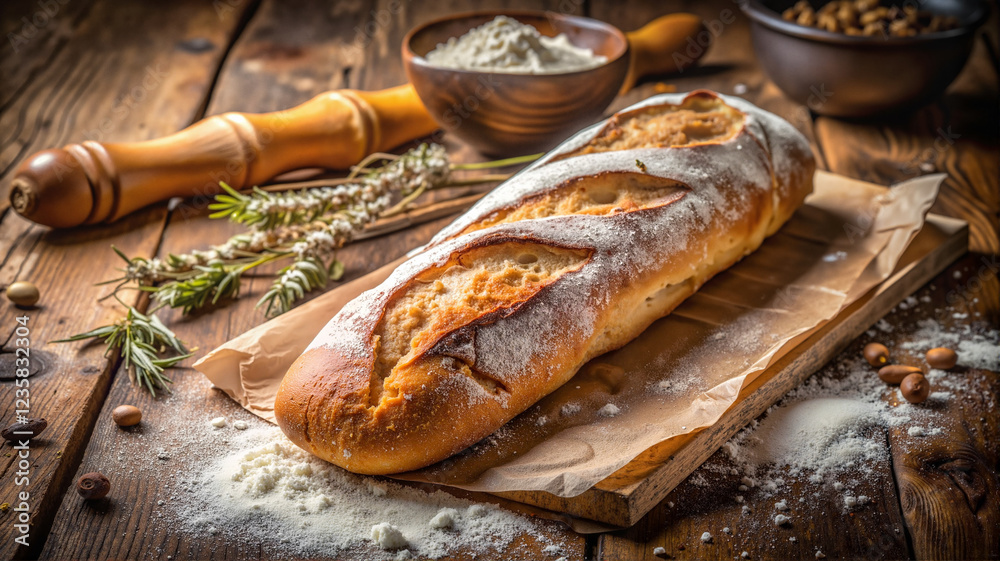 Freshly baked bread with butter and herbs on a wooden board Freshly baked bread with butter and herbs on a wooden board