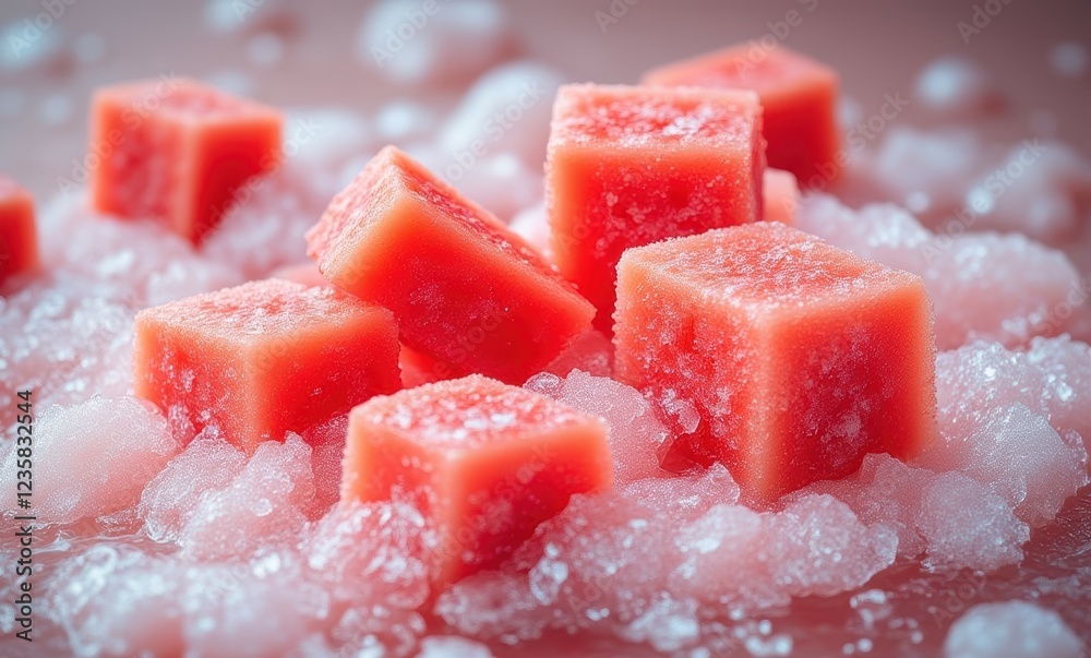 Colorful pink ice cubes on snowy surface Colorful pink ice cubes on snowy surface