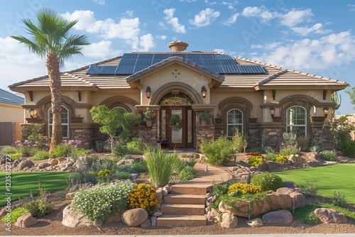Tan Desert Home with Solar Panels and Lush Landscaping