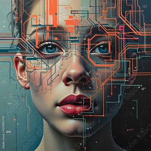 A surreal portrait where traditional acrylic painting blends into an abstract digital collage filled with circuit-like patterns