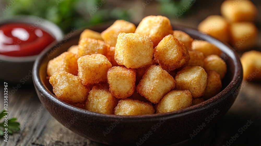 Crispy Golden Nuggets with Ketchup in Bowl Crispy Golden Nuggets with Ketchup in Bowl