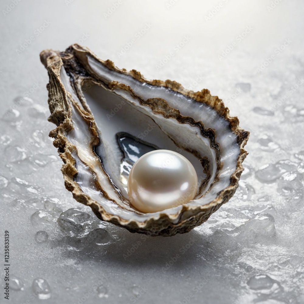 A photorealistic depiction of an open oyster shell revealing a single pearl, its soft glow enhanced by a crisp white background. A photorealistic depiction of an open oyster shell revealing a single pearl, its soft glow enhanced by a crisp white background.