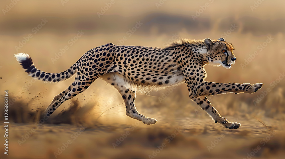 Cheetah sprinting across the savanna FRONT VIEW OF A CHEETAH, - ACINONYX JUBATUS, RUNNING. - CAN RUN UP TO SPEEDS OF UP, Generative AI
Cheetah sprinting across the savanna FRONT VIEW OF A CHEETAH, - ACINONYX JUBATUS, RUNNING. - CAN RUN UP TO SPEEDS OF UP, Generative AI