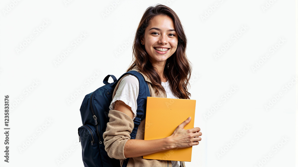 A young woman with a bright smile and her books, she represents hope and excitement for education A young woman with a bright smile and her books, she represents hope and excitement for education
