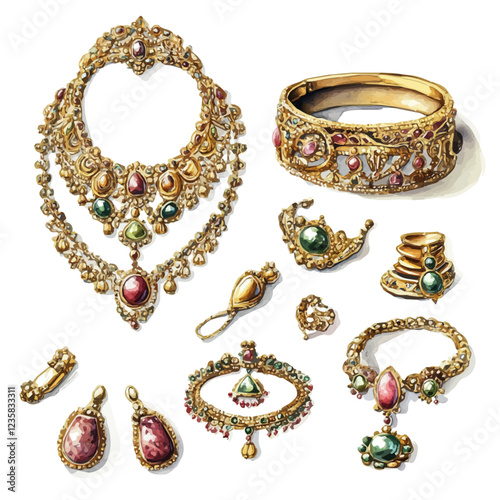 Intricately designed wedding gold jewelry in watercolor captures the essence of elegance and romance.
