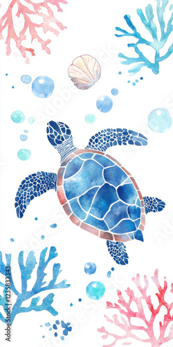 vibrant watercolor illustration of sea turtle surrounded by colorful corals and bubbles, evoking serene underwater scene