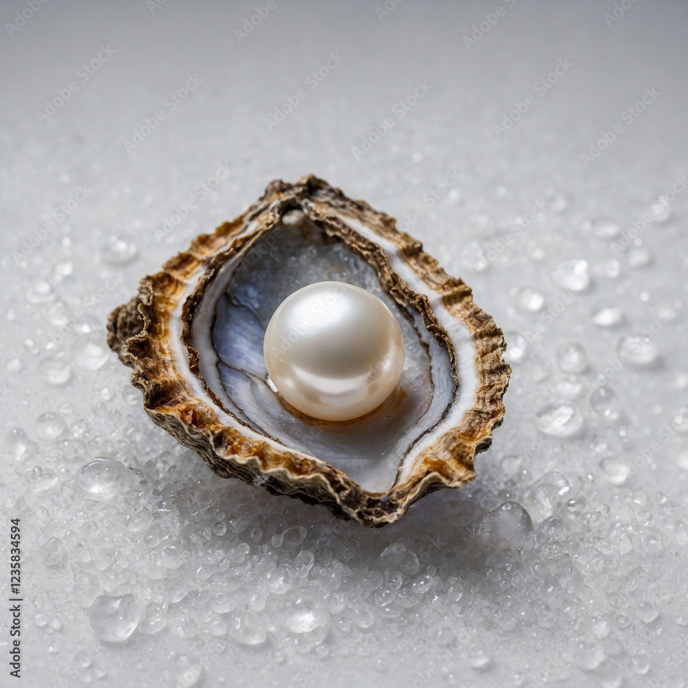 A flawless, perfectly round pearl glowing inside an elegant oyster shell, presented against a minimalistic, all-white backdrop. A flawless, perfectly round pearl glowing inside an elegant oyster shell, presented against a minimalistic, all-white backdrop.