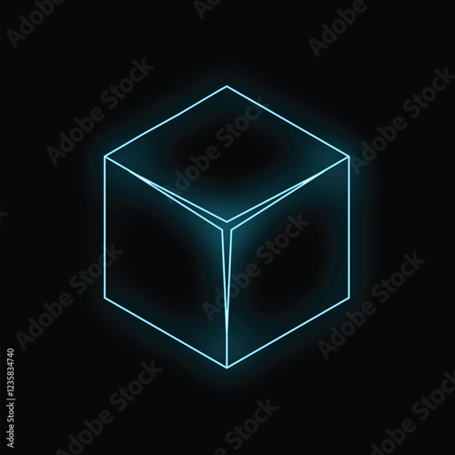 Turquoise glowing neon cube is floating on a black background