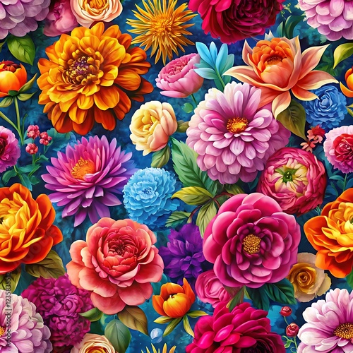 Colorful flower pattern with many different types of flowers. Seamless pattern