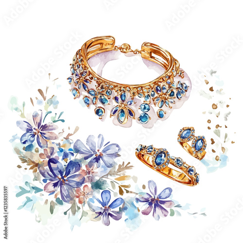Intricately designed wedding gold jewelry in watercolor captures the essence of elegance and romance.
