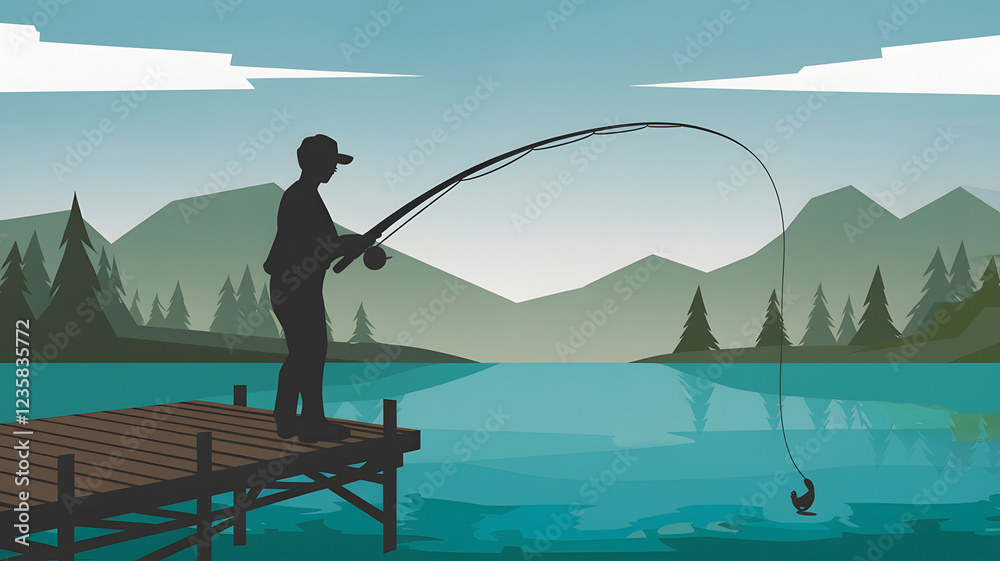 Naklejka premium A stunning silhouette illustration of a person fishing by a tranquil lake at sunset, surrounded by lush trees and calm water, capturing a peaceful outdoor moment in nature. 