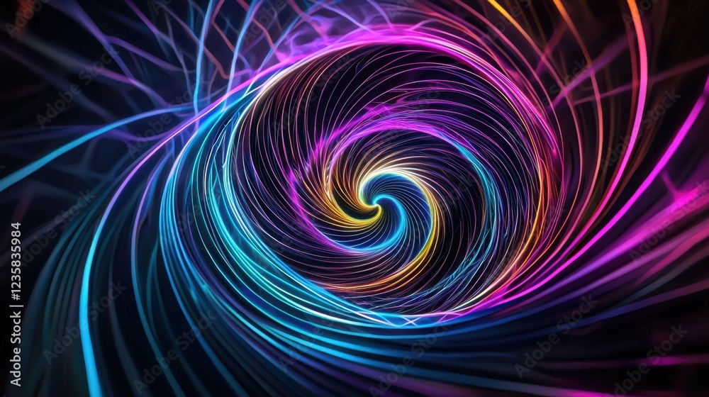A vibrant spiral of illuminated lines swirls in a dynamic pattern, blending colors of blue, purple, and orange. The design evokes a sense of energy and movement through its intricate curves A vibrant spiral of illuminated lines swirls in a dynamic pattern, blending colors of blue, purple, and orange. The design evokes a sense of energy and movement through its intricate curves