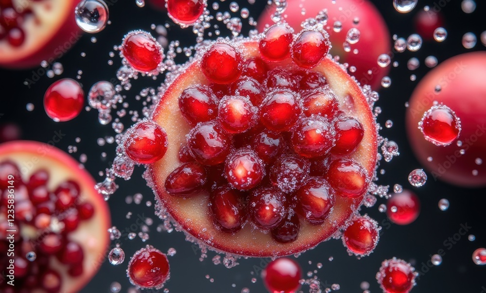 Vibrant pomegranate bursting with bubbles Vibrant pomegranate bursting with bubbles