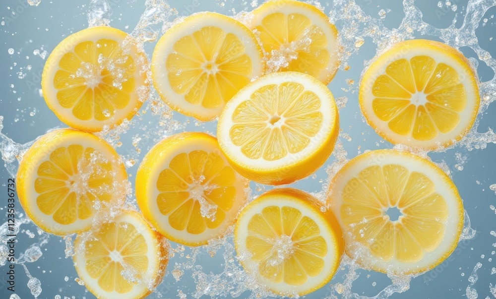 Fresh lemon slices splashing in water Fresh lemon slices splashing in water