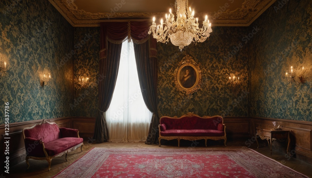 Fototapeta premium Gilded Elegance: A grand living room evokes timeless luxury with intricate floral wallpaper, rich crimson velvet furniture, and a dazzling chandelier.