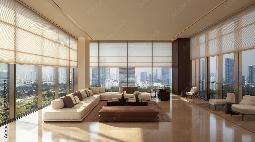 Luxurious penthouse living room, city skyline view. Luxurious penthouse living room, city skyline view.