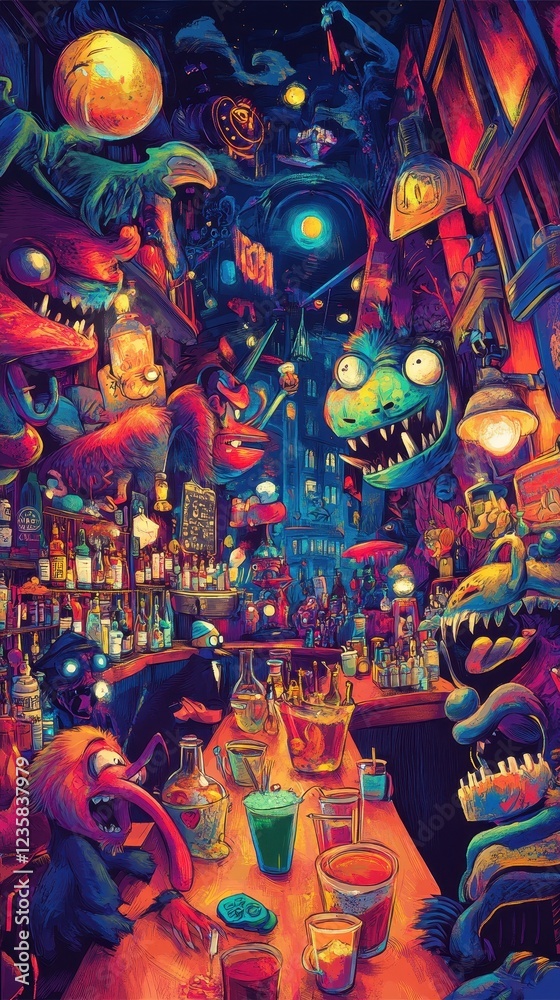 Fototapeta premium Monsters Enjoying Drinks at a Vibrant Nighttime Bar
