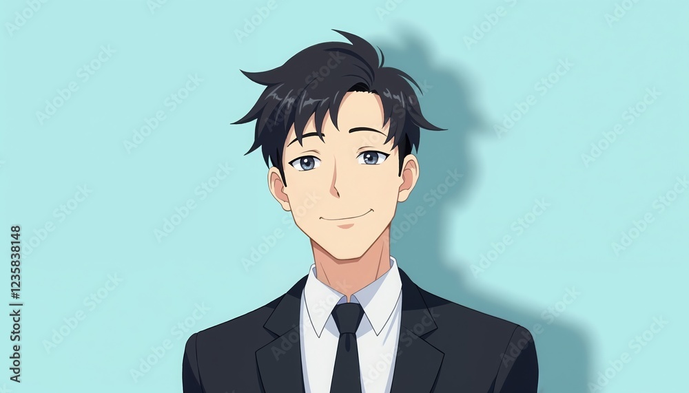 Stylish Asian young man in black suit and tie, anime-inspired character, smiling confidently against light blue background, modern office professional look.
Stylish Asian young man in black suit and tie, anime-inspired character, smiling confidently against light blue background, modern office professional look.