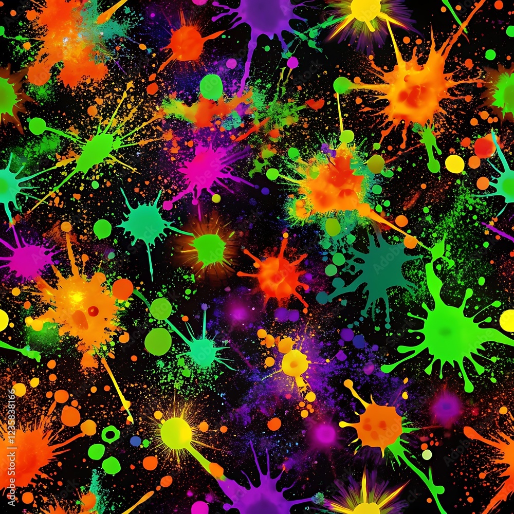 Colorful pattern of paint splatters on a black background Colorful pattern of paint splatters on a black background