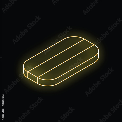 Golden neon style icon of an eraser, glowing on a dark background, perfect for apps and websites with dark mode