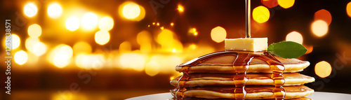 A delicious stack of golden pancakes topped with butter and syrup, set against a soft, glowing background for a warm inviting feel. photo