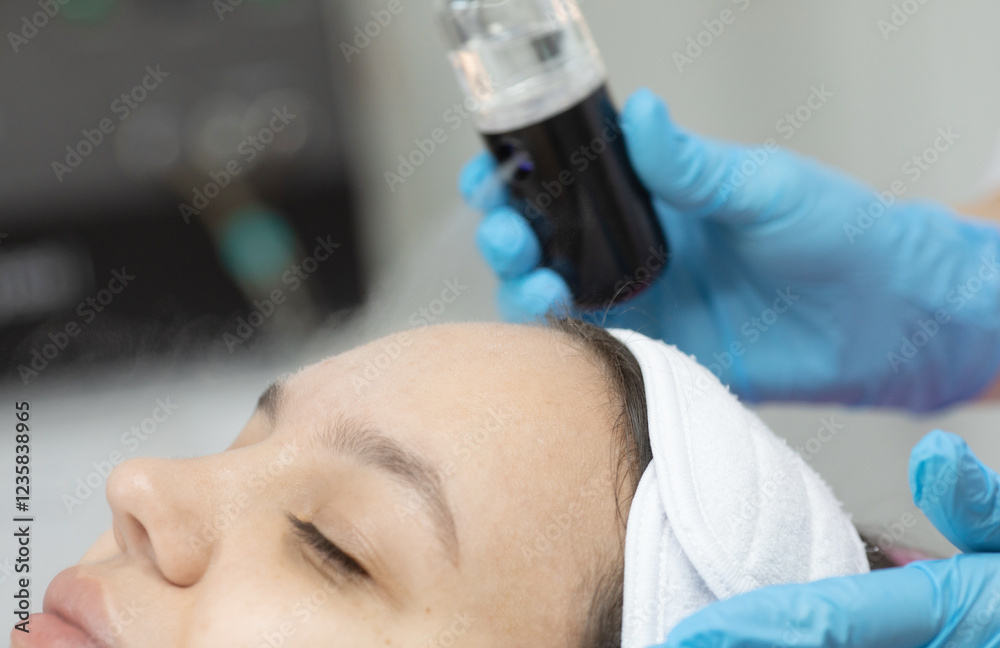 woman is getting her face done by a beautician. The beautician is holding a bottle of black liquid and a device. woman is getting her face done by a beautician. The beautician is holding a bottle of black liquid and a device.