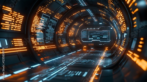 A 3D futuristic circuit background featuring motion graphics for an abstract data center, with glowing lines representing high-speed internet connections. The scene depicts a HUD tunnel