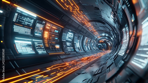 A 3D futuristic circuit background featuring motion graphics for an abstract data center, with glowing lines representing high-speed internet connections. The scene depicts a HUD tunnell