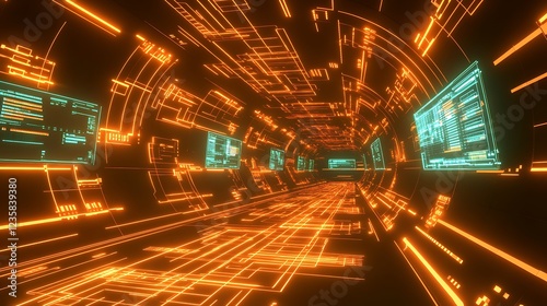 A 3D futuristic circuit background featuring motion graphics for an abstract data center, with glowing lines representing high-speed internet connections. The scene depicts a HUD tunnel