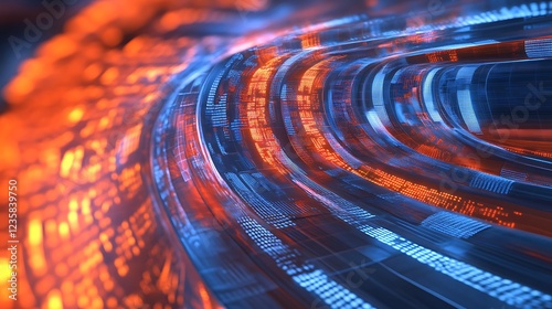 A 3D illustration of a futuristic data stream, capturing the essence of high-speed data transfer technology in a cyberpunk universe. The image integrates themes of big data, cybersecurity