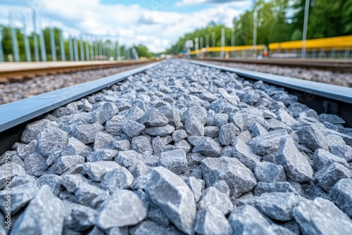 A perspective view of railway tracks bordered by gravel, framed by lush greenery and a cloudy sky.