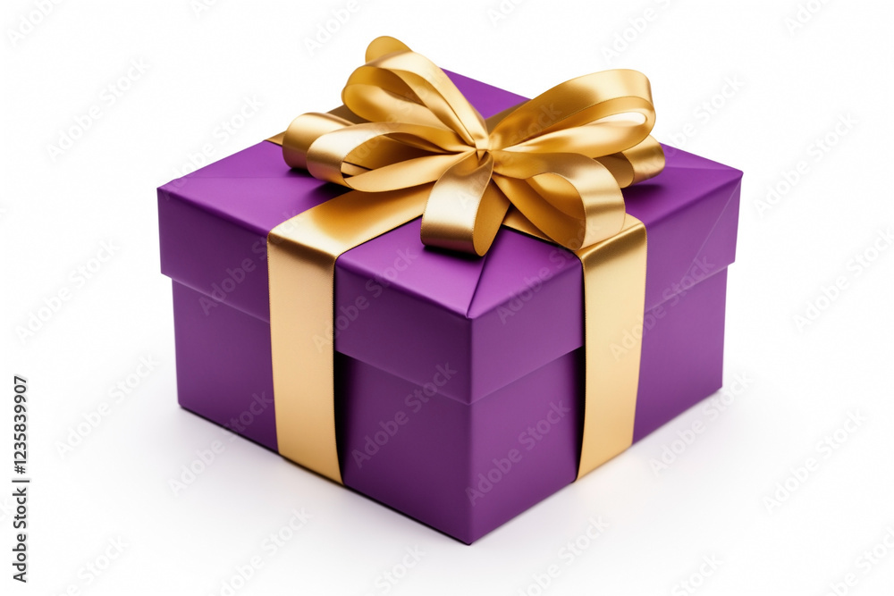 gift box purple with golden bow isolated on white