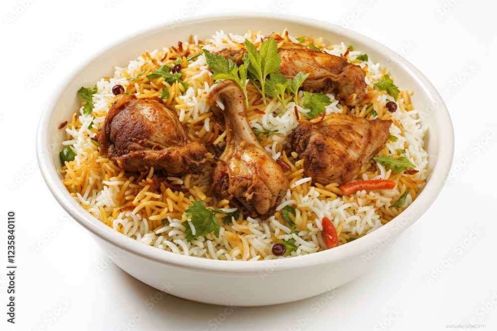 Chicken biryani with yellow and white rice, fried chicken pieces, garnished with herbs and red pepper, served in a white deep plate with extra spices and side yogurt sauce. Chicken biryani with yellow and white rice, fried chicken pieces, garnished with herbs and red pepper, served in a white deep plate with extra spices and side yogurt sauce.
