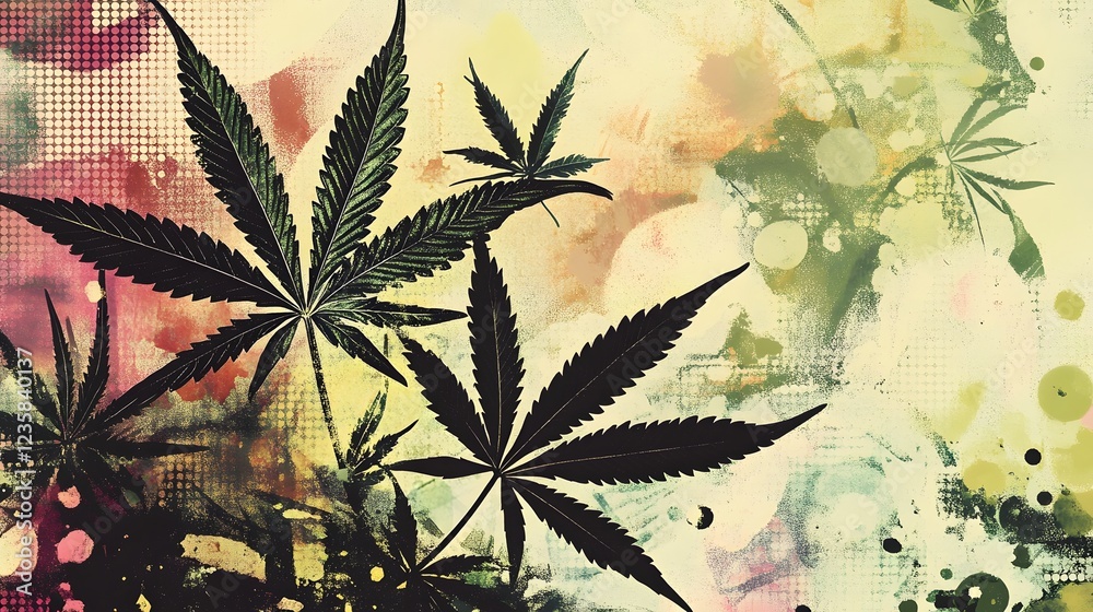 Naklejka premium Cannabis Leaves With Psychedelic Patterns and Textures in Vibrant Colors