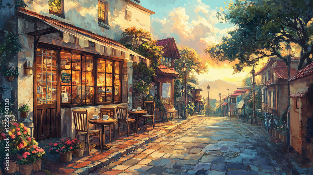 Fototapeta premium A quaint street with an old cafe, cobblestone streets, and tables outside the window overlooking nature, a beautiful sunset, warm tones, and a cozy atmosphere