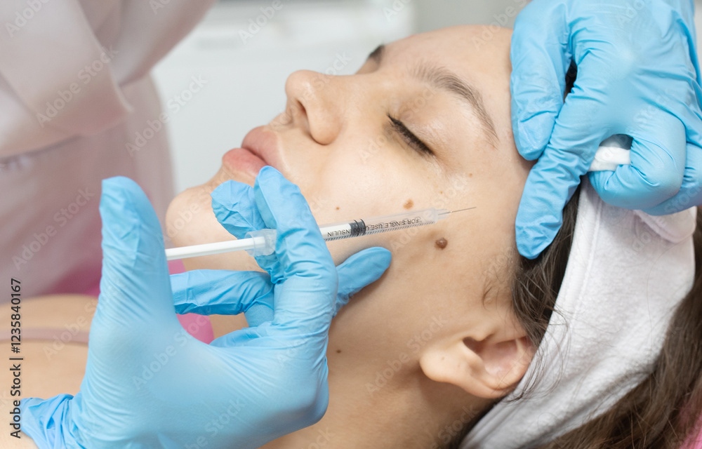 Fototapeta premium Woman is getting injection in her face. The woman is wearing blue gloves.