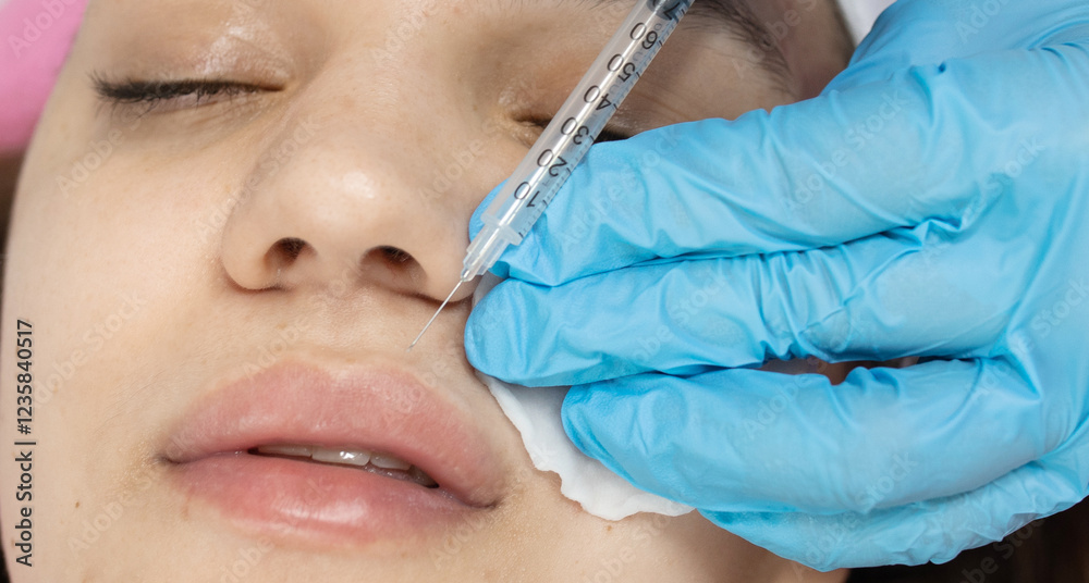 Woman is getting filler injection in lips. Woman is getting filler injection in lips.