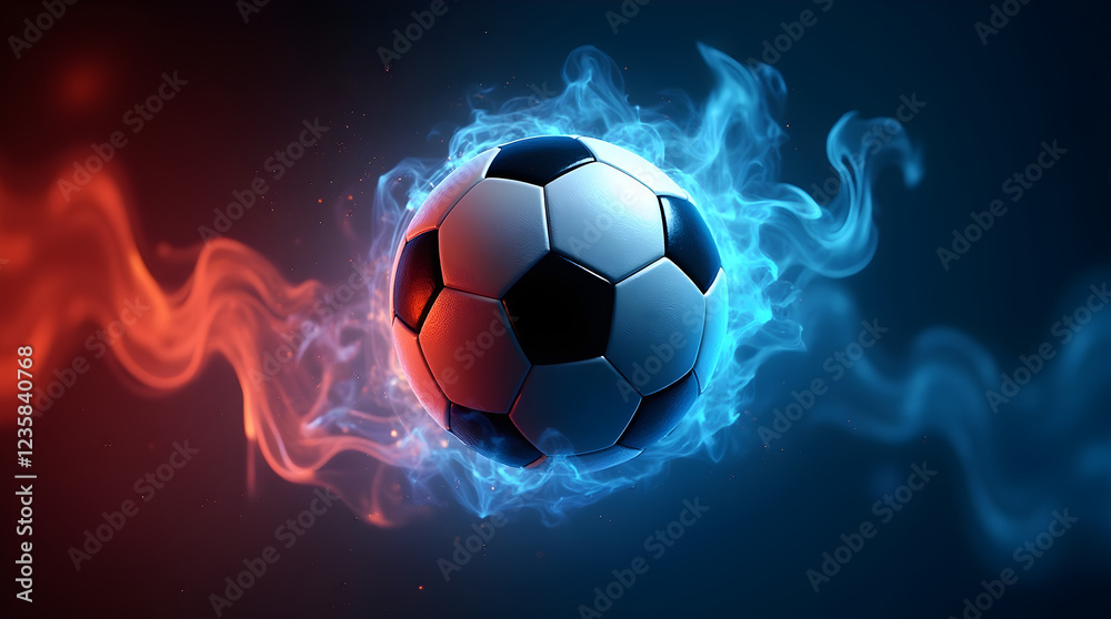 Obraz premium Fiery Football: Blazing Soccer Ball in Red and Blue Flames, Dynamic Sports Graphic, Abstract Art
