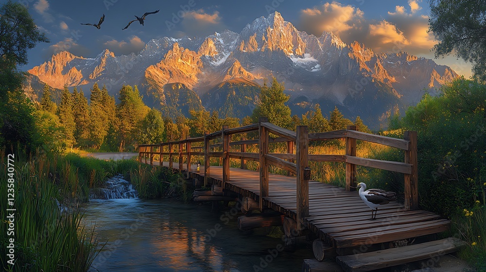 Fototapeta premium Mountain sunrise, wooden bridge, birds. Travel poster